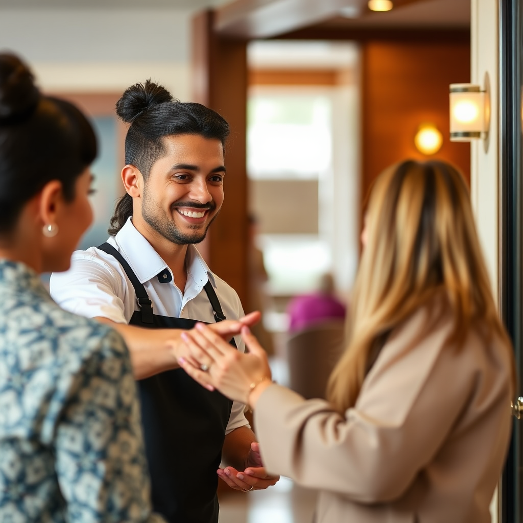 A hospitality professional welcoming a guest